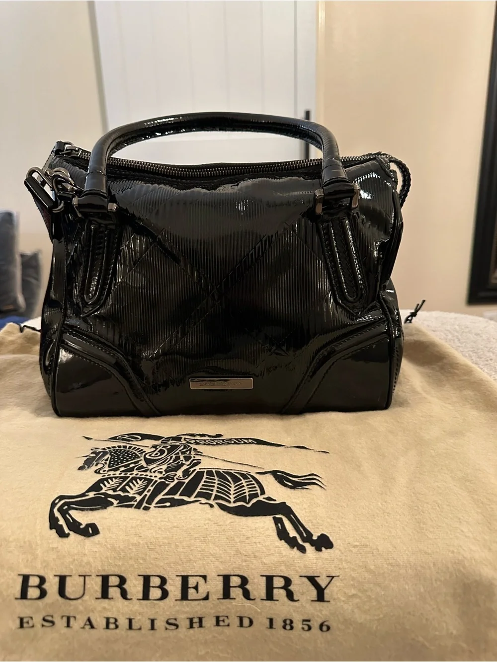 Vintage Burberry Embossed Black Patent Bowling Bag